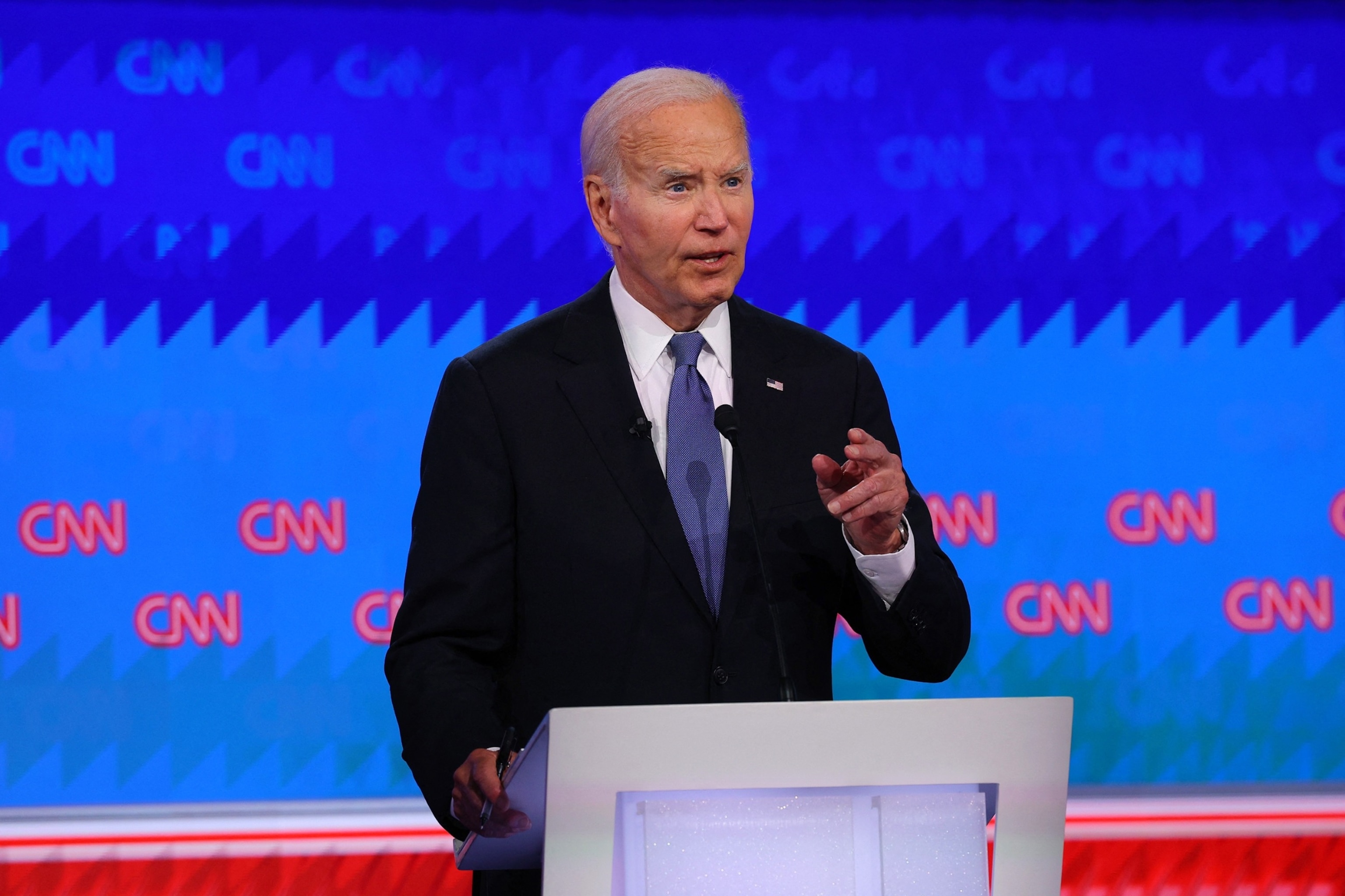 PHOTO: Democrat candidate President Joe Biden speaks during a presidential debate with Republican candidate, former President Donald Trump, in Atlanta, on June 27, 2024.  