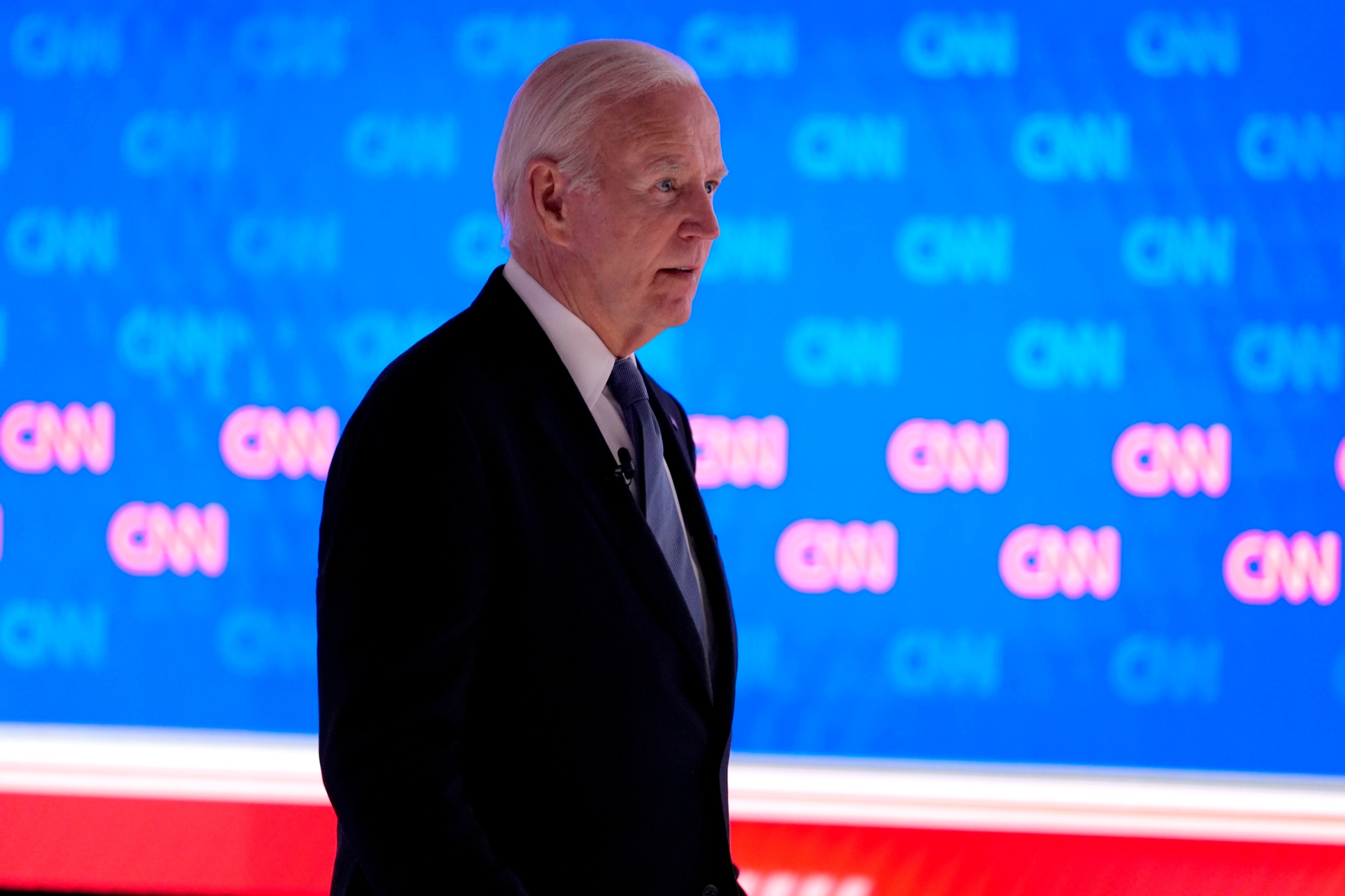 PHOTO: President Joe Biden walks off stage during a break in a presidential debate with former President Donald Trump hosted by CNN, June 27, 2024, in Atlanta. 