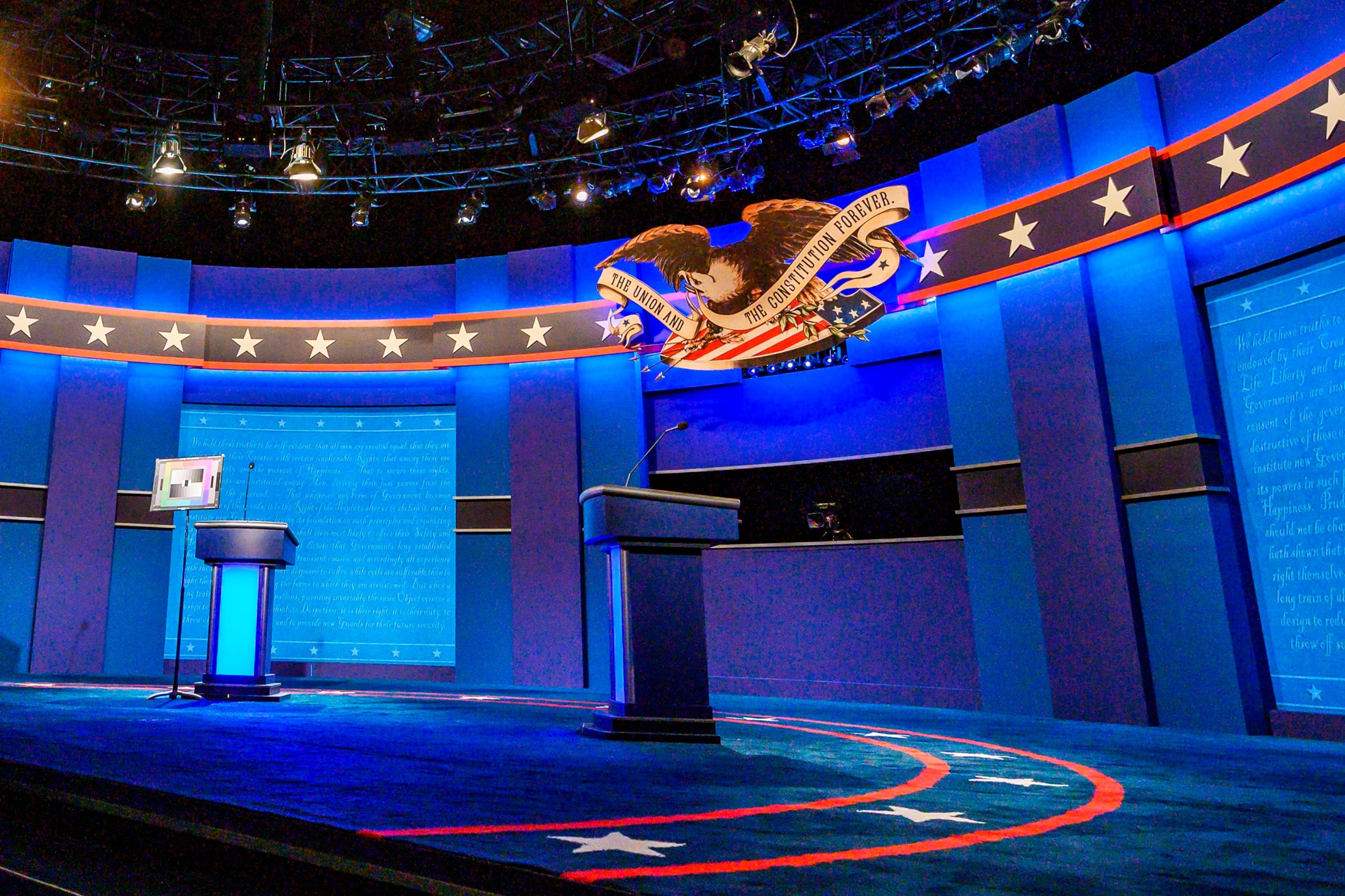 PHOTO: In this Oct. 21, 2020, file photo, the stage for the final presidential debate of the US 2020 presidential elections is being tested for light and sound at Belmont University in Nashville, Tenn.