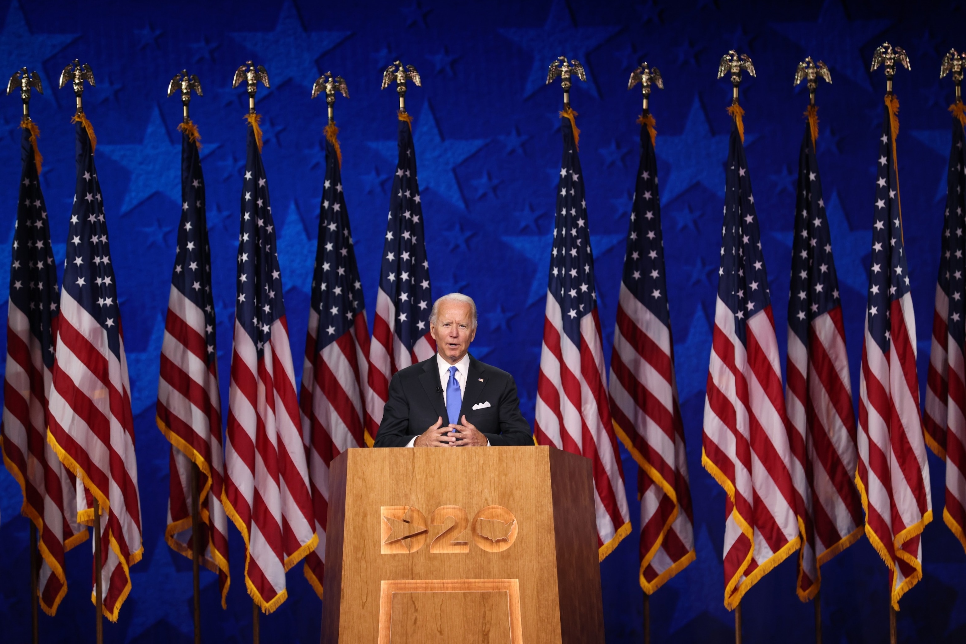 PHOTO: Democratic presidential nominee Joe Biden delivers his acceptance speech on the fourth night of the Democratic National Convention from the Chase Center, Aug. 20, 2020, in Wilmington, Del.