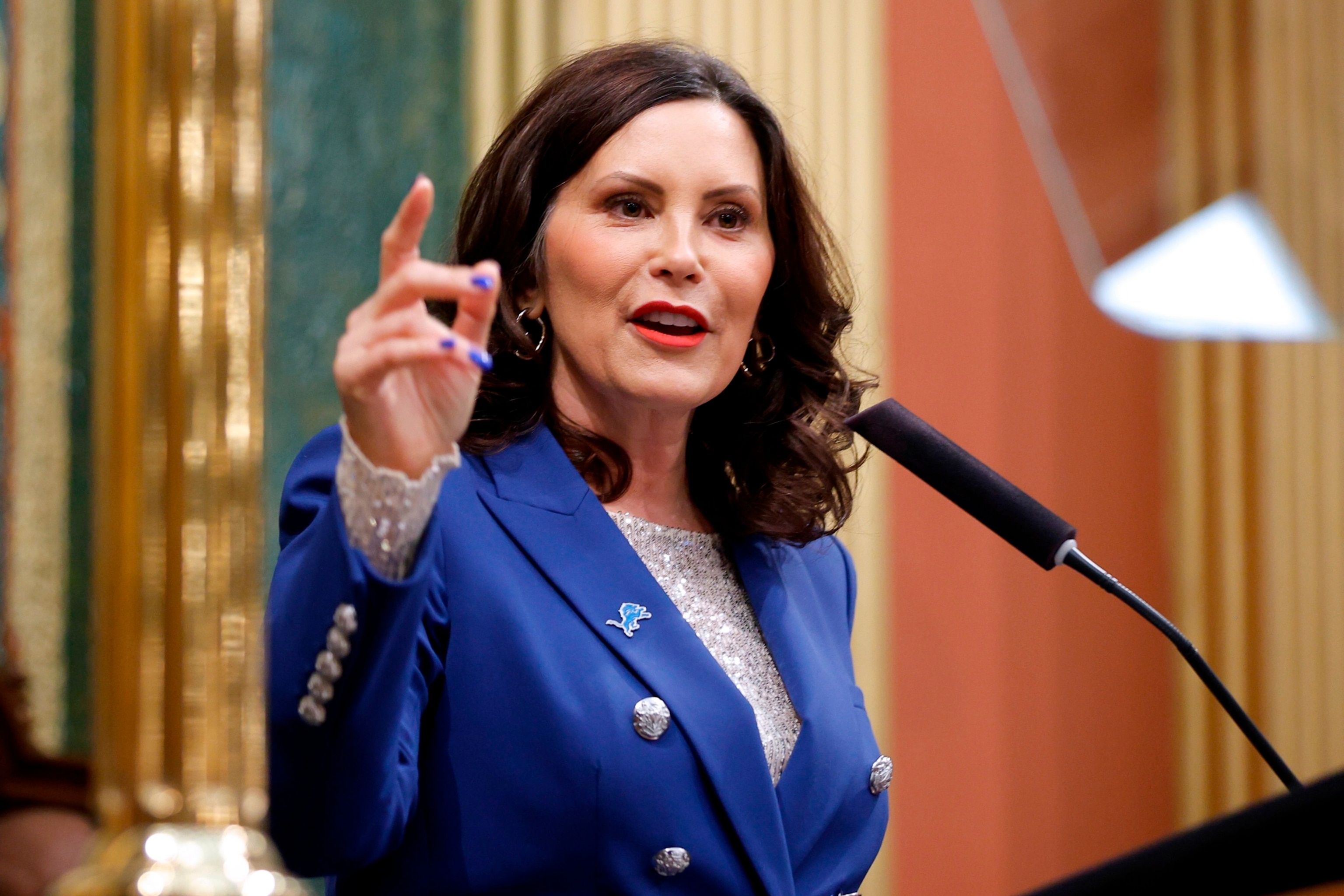 PHOTO: Michigan Gov. Gretchen Whitmer delivers her State of the State address, Jan. 24, 2024, at the state Capitol in Lansing, Mich.