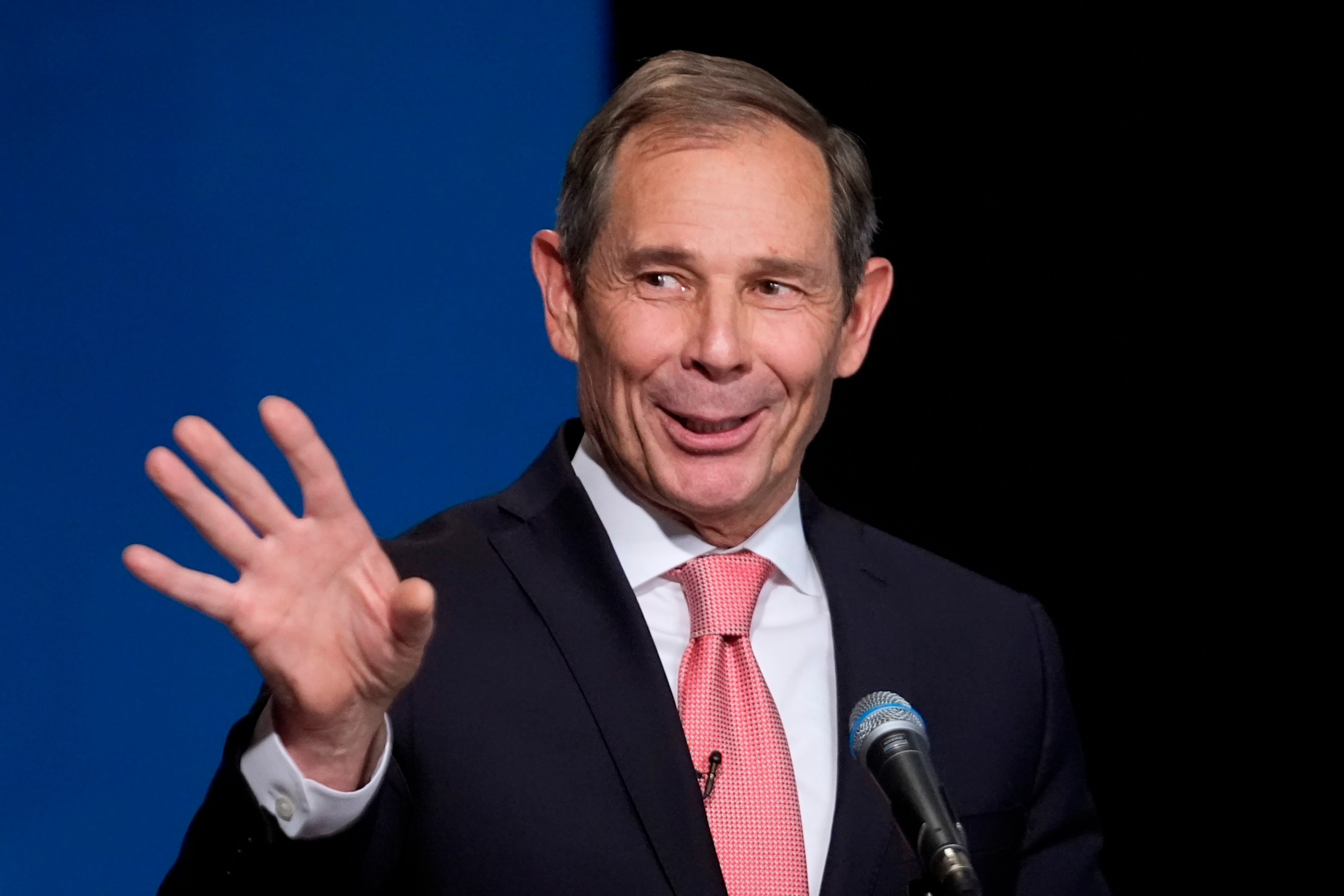 PHOTO: Rep. John Curtis speaks during the Utah Senate primary debate for Republican contenders battling to win the seat of retiring U.S. Sen. Mitt Romney, June 10, 2024, in Salt Lake City. 