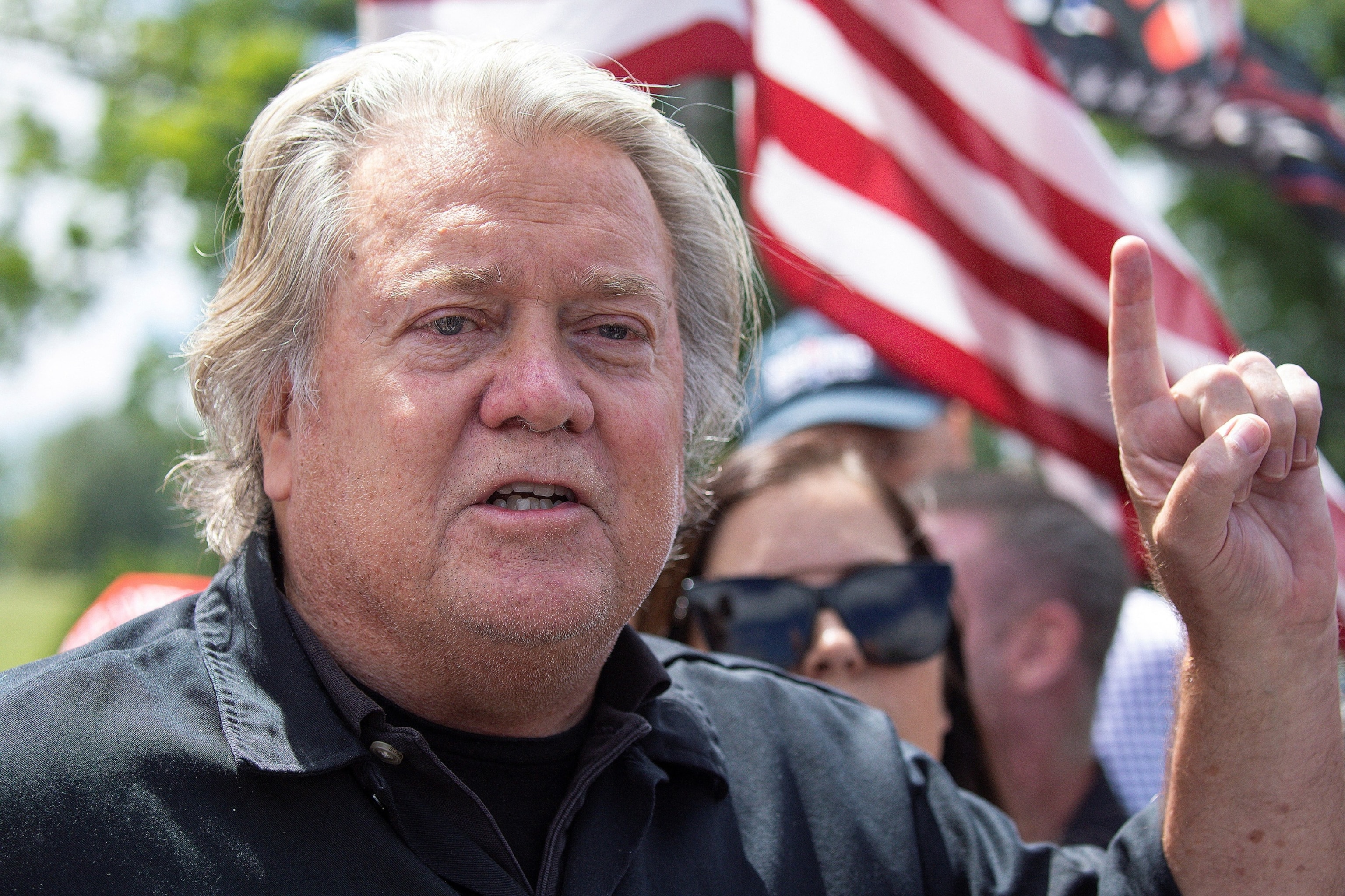 PHOTO: Steve Bannon, former top adviser to Donald Trump, speaks with the media as he arrives to report to prison at the U.S. federal correctional institution in Danbury, Conn., July 1, 2024. 