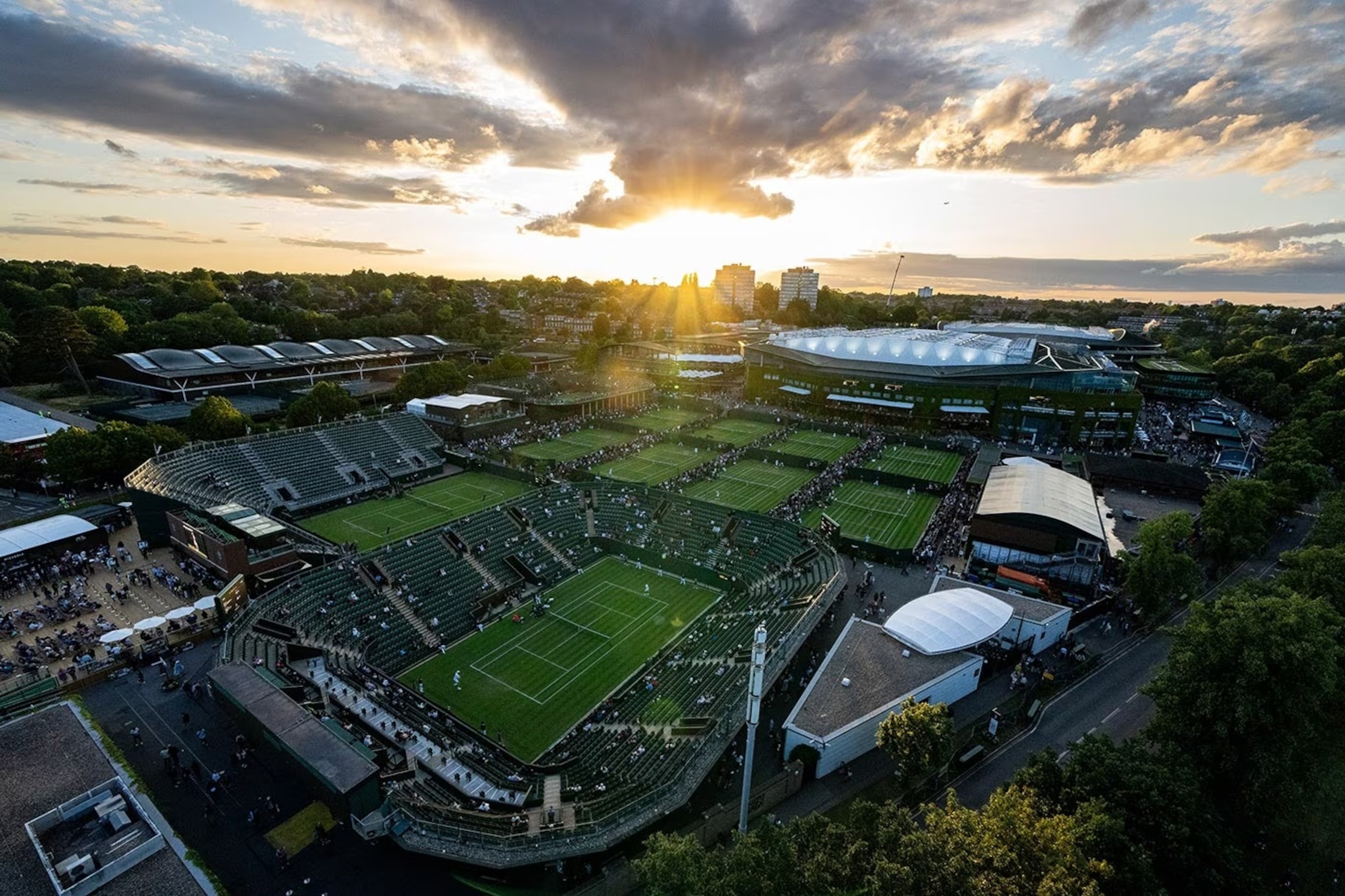 PHOTO: The Grounds of the All England Lawn Tennis Club at sunset during The Championships 2023 in London.